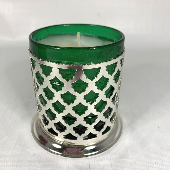 Silver Plated Christmas Candle Holder Green Glass Metal Filigree Made England - Picture 2 of 7